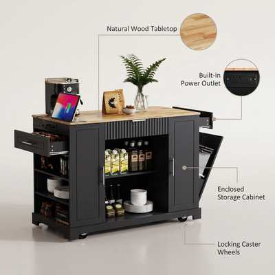 Black 48.5 In. Outdoor Kitchen Island Grill Cart with Wood Tabletop and Storage Cabinet