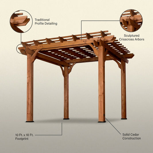 10 Ft. X 10 Ft. Traditional All Cedar Wood Outdoor Patio Pergola Shade Structure — Lifestyle
