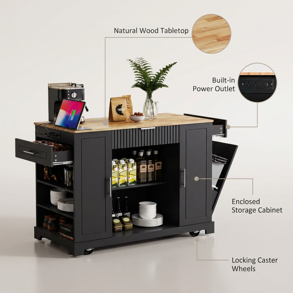 Black 48.5 In. Outdoor Kitchen Island Grill Cart with Wood Tabletop and Storage Cabinet — Lifestyle
