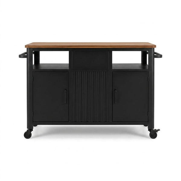 Black 48.5 In. Outdoor Kitchen Island Grill Cart with Wood Tabletop and Storage Cabinet